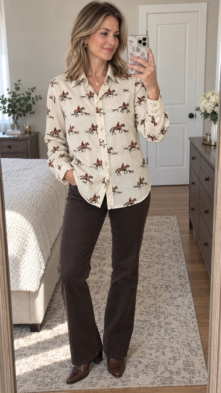 Calvin Klein Fox Hunt Equestrian Print Blouse Sz Sm Horses Hounds Button Up